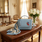 YAMBA - Addison Road Embroidered Blue Pebbled Leather Structured Crossbody Bag - BeltNBags