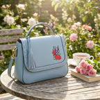 YAMBA - Addison Road Embroidered Blue Pebbled Leather Structured Crossbody Bag - BeltNBags