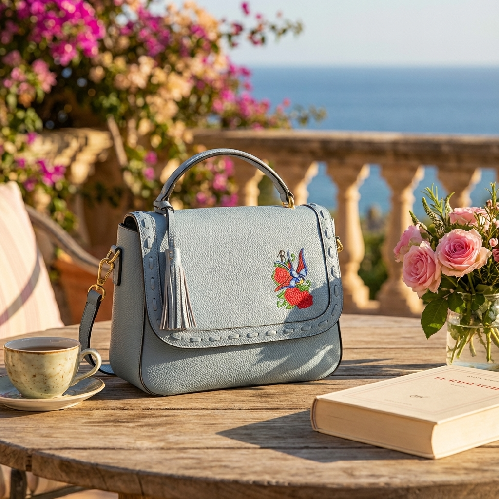 YAMBA - Addison Road Embroidered Blue Pebbled Leather Structured Crossbody Bag