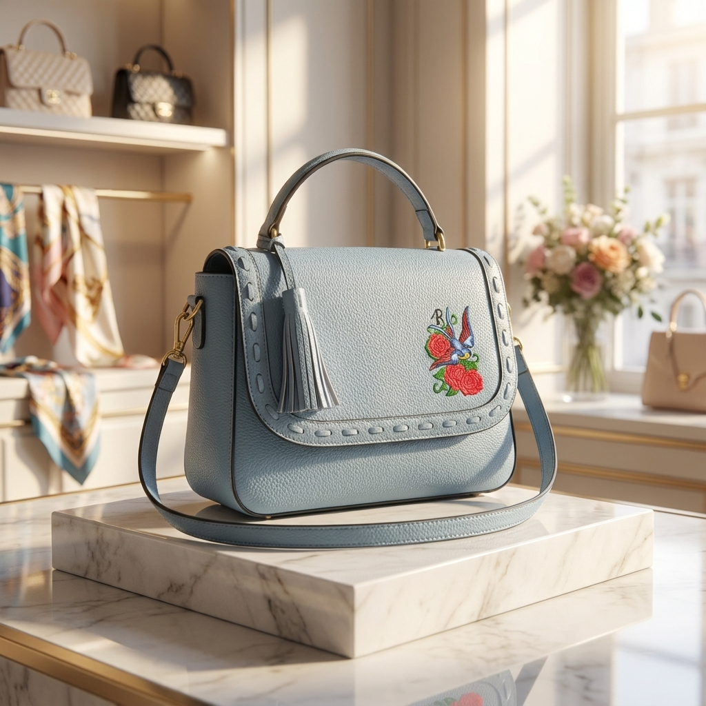 YAMBA - Addison Road Embroidered Blue Pebbled Leather Structured Crossbody Bag