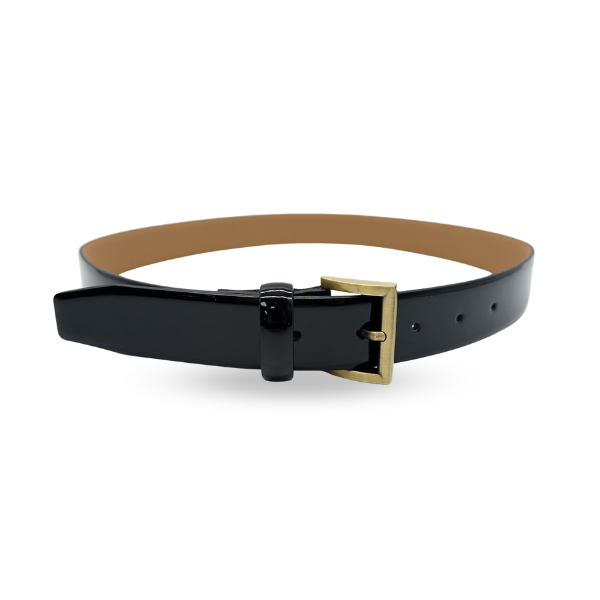 AURORA - Womens Black Genuine Leather Patent Belt with Brass Buckle