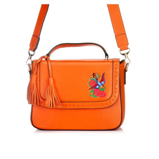 Yamba - Ladies Embroidered Orange Leather Structured Crossbody Bag - CLEARANCE  - Belt N Bags