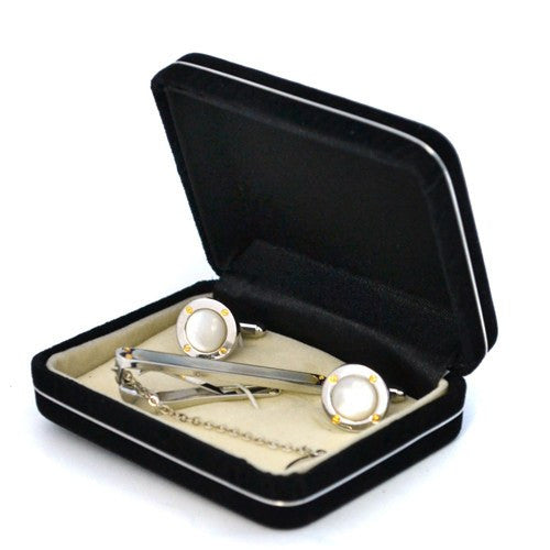 ANTHONY - Mens Mother of Pearl Silver Cuff Links and Tie Pin  - Belt N Bags