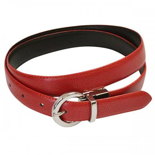 BELLA - Women Red and Black Leather Reversible Belt with Round Buckle  - Belt N Bags