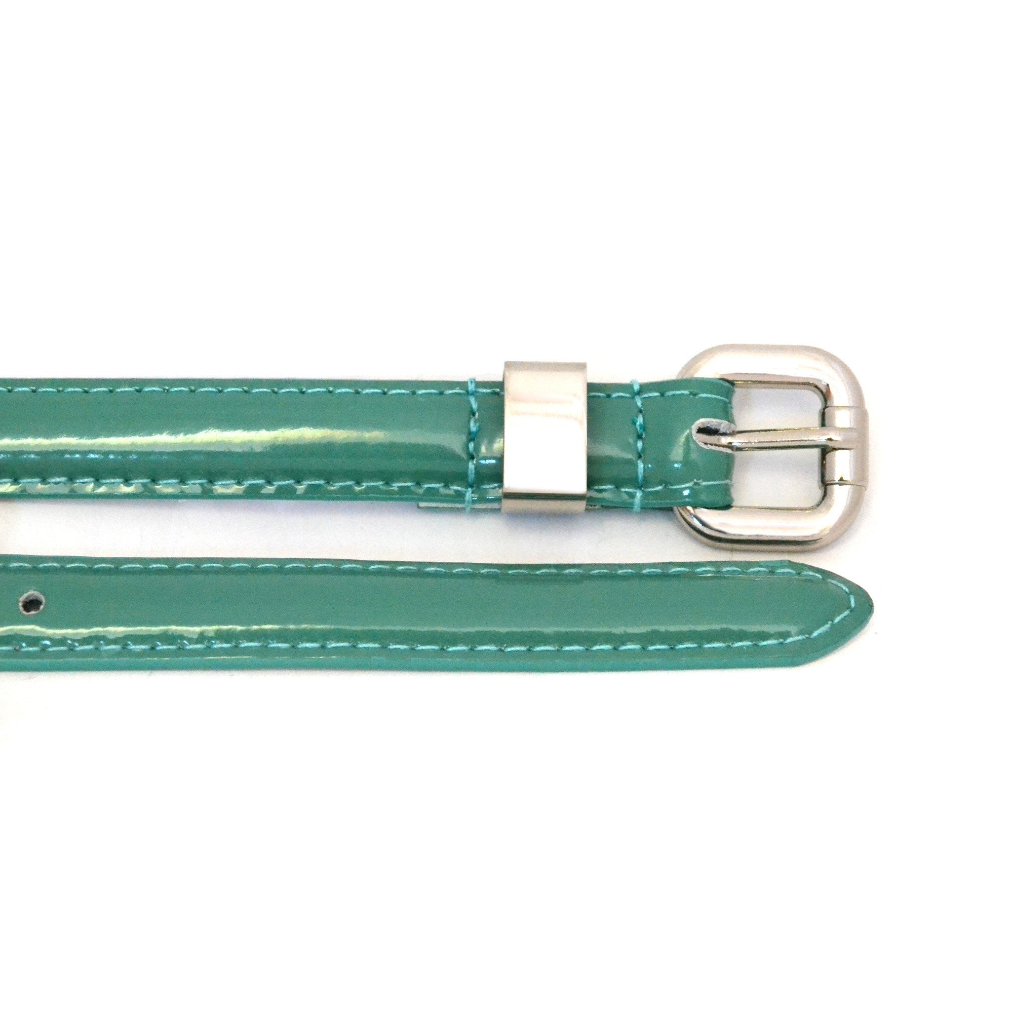 CARRIE -  Womens Forest Green Patent Skinny Leather Belt with Silver Buckle  - Belt N Bags