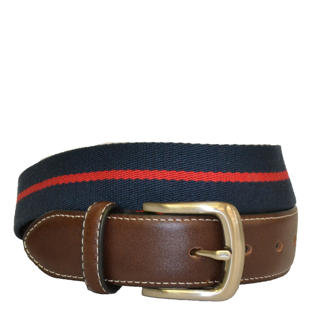DUKE - Canvas Men's Navy Red Stripe Leather Belt  - Belt N Bags