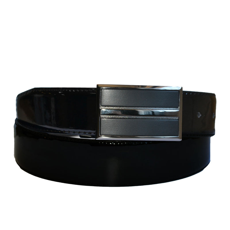 WILLIAM- Men's Black Patent Genuine Leather Belt with Shield Buckle  - Belt N Bags