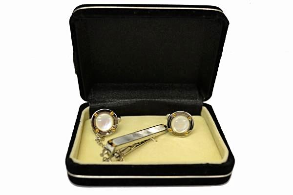 ANTHONY - Mens Mother of Pearl Silver Cuff Links and Tie Pin  - Belt N Bags