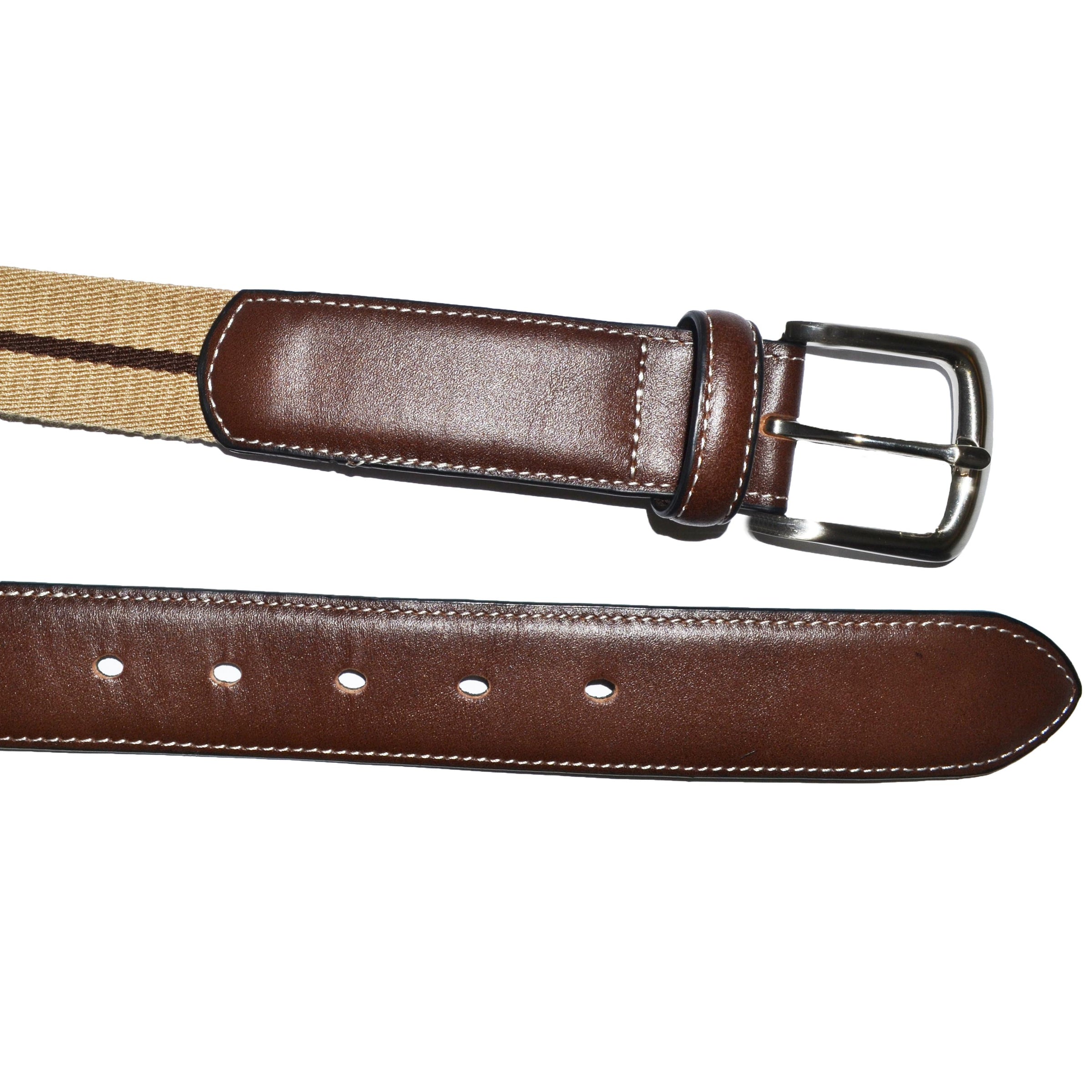 DUKE - Cotton Canvas Men's Brown Single Stripe Leather Belt  - Belt N Bags