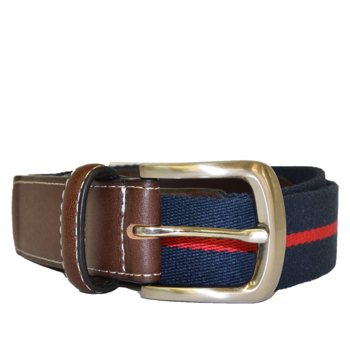 DUKE - Canvas Men's Navy Red Stripe Leather Belt  - Belt N Bags