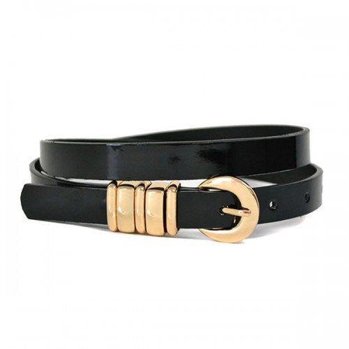 EISHA - Womens Skinny Genuine Leather Glossy Black Belt with Gold Buckle  - Belt N Bags