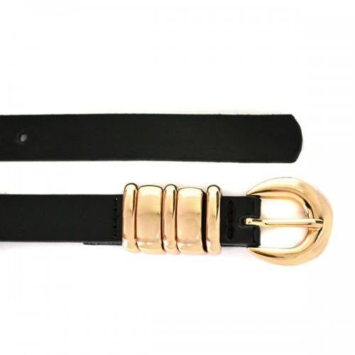 EISHA - Womens Skinny Genuine Leather Glossy Black Belt with Gold Buckle  - Belt N Bags