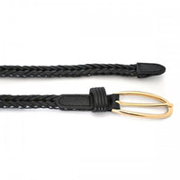 INGRID - Skinny Womens Black Plaited Genuine Leather Belt with Gold Buckle  - Belt N Bags