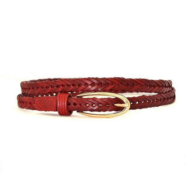 INGRID - Womens Red Plaited Skinny Leather Belt with Oval Gold Buckle  - Belt N Bags