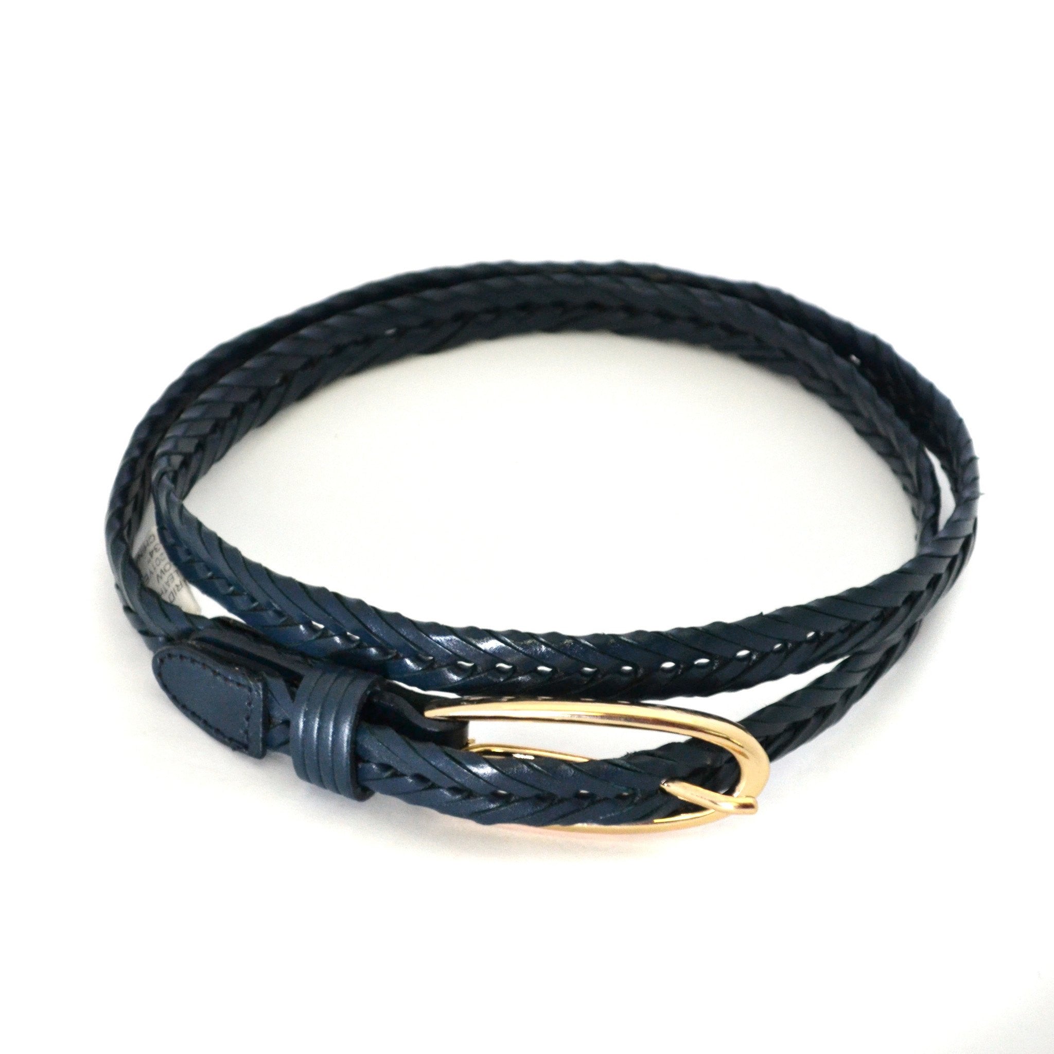 INGRID - Skinny Women's Navy Plaited Genuine Leather Belt with Gold Buckle  - Belt N Bags