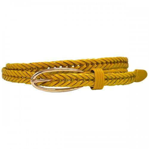 INGRID - Womens Skinny Yellow Plaited Leather Belt with Oval Buckle  - Belt N Bags