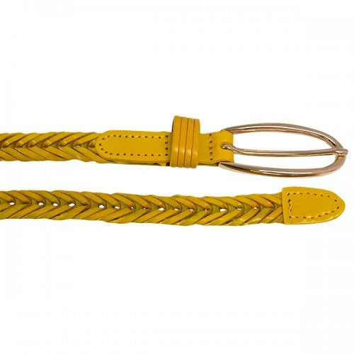 INGRID - Womens Skinny Yellow Plaited Leather Belt with Oval Buckle  - Belt N Bags