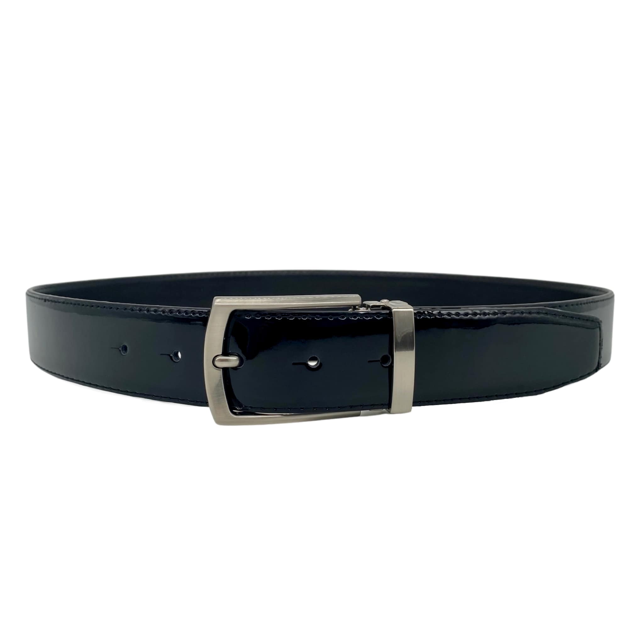 NICHOLAS - Men's Black Patent Genuine Leather Belt - Silver Buckle | BeltNBags