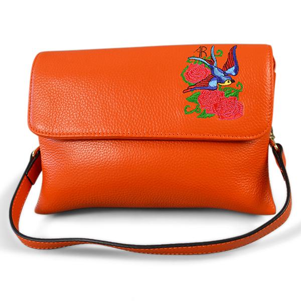 NAMBUCCA - Addison Road Embroidered Orange Pebbled Leather Crossbody  - Belt N Bags