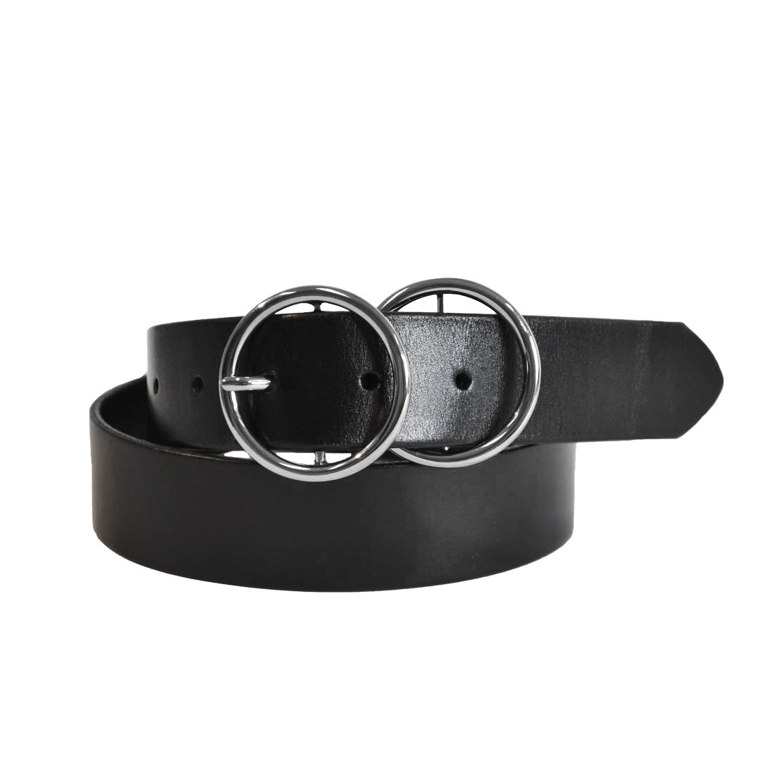 TOWNSVILLE - Women's Black Double Ring Leather Belt with Silver Buckle freeshipping - BeltNBags
