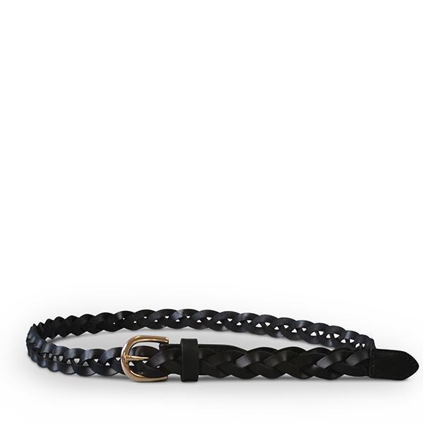 WAVERLY - Womens Black Skinny Leather Plaited Belt with Gold Buckle  - Belt N Bags