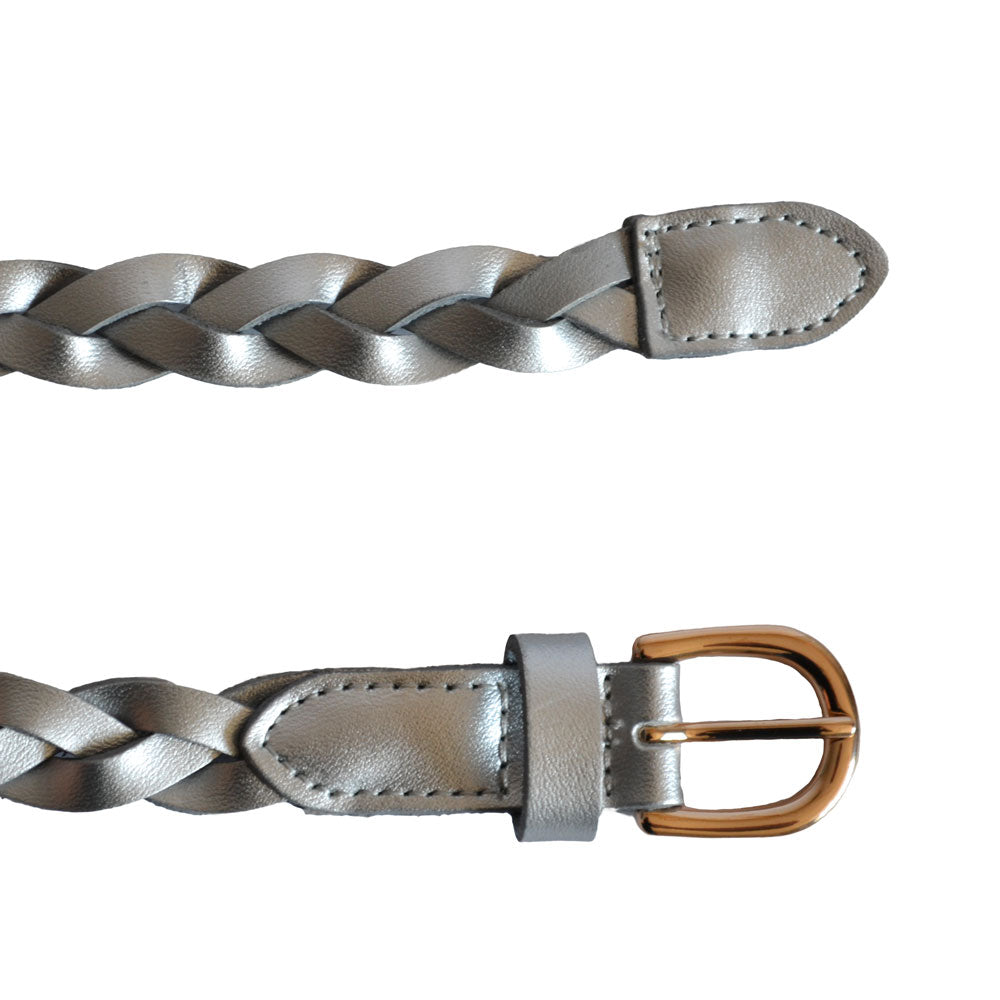 WAVERLY - Silver Skinny Leather Plaited Belt with Gold Buckle  - Belt N Bags