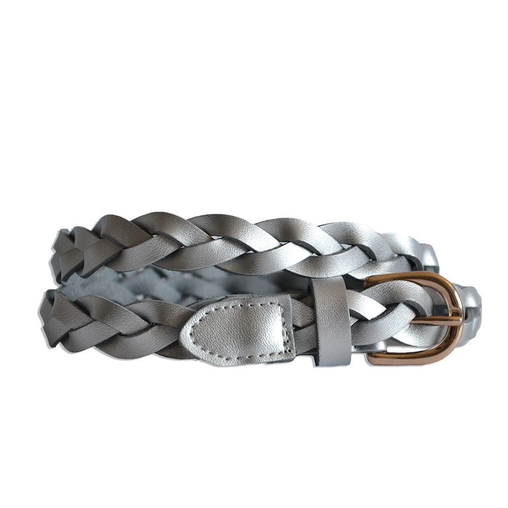 WAVERLY - Silver Skinny Leather Plaited Belt with Gold Buckle  - Belt N Bags