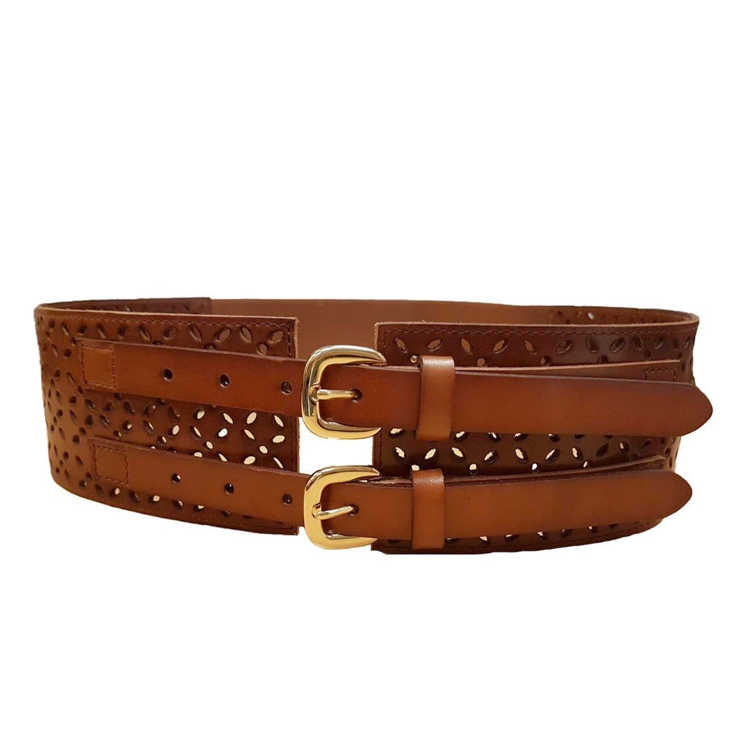 PICTON - Addison Road Leather Wide Double Buckle Tan Waist Belt  - Belt N Bags