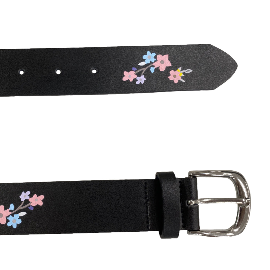 ARIA- Girls Black Genuine Leather Flower Belt with Square Silver Buckle freeshipping - BeltNBags