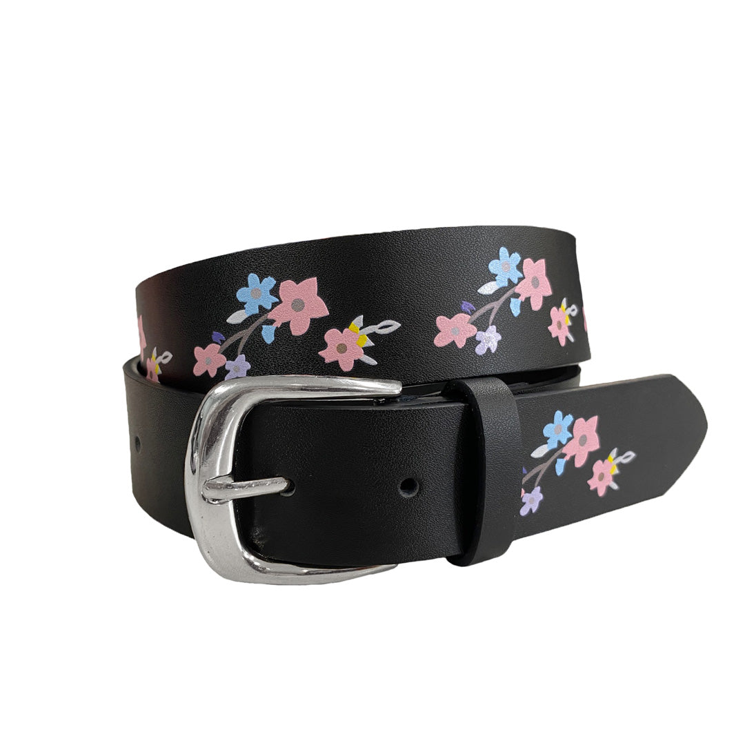 ARIA- Girls Black Genuine Leather Flower Belt with Square Silver Buckle freeshipping - BeltNBags