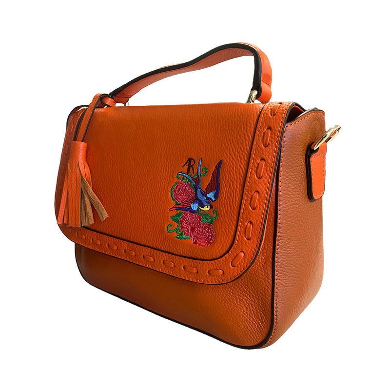 Yamba - Ladies Embroidered Orange Leather Structured Crossbody Bag - CLEARANCE  - Belt N Bags